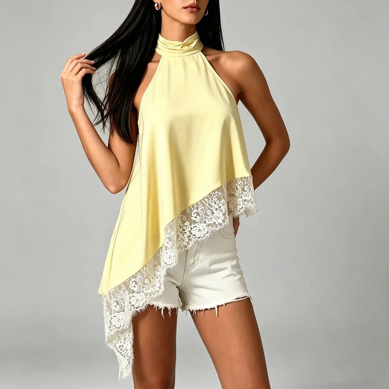 Top Halter à Col Montant Y2K pour Femme en Satin et Dentelle