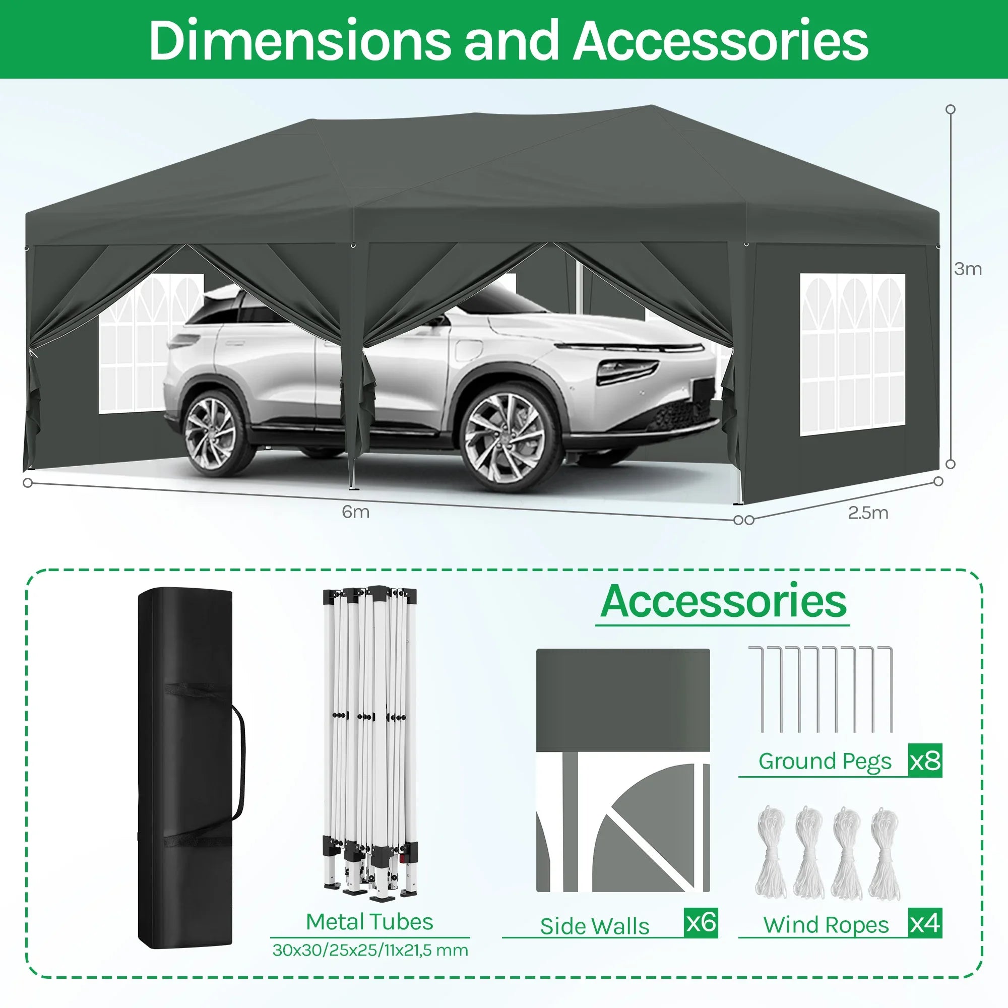 Tente Pliante 3 x 6 m avec 6 Parois