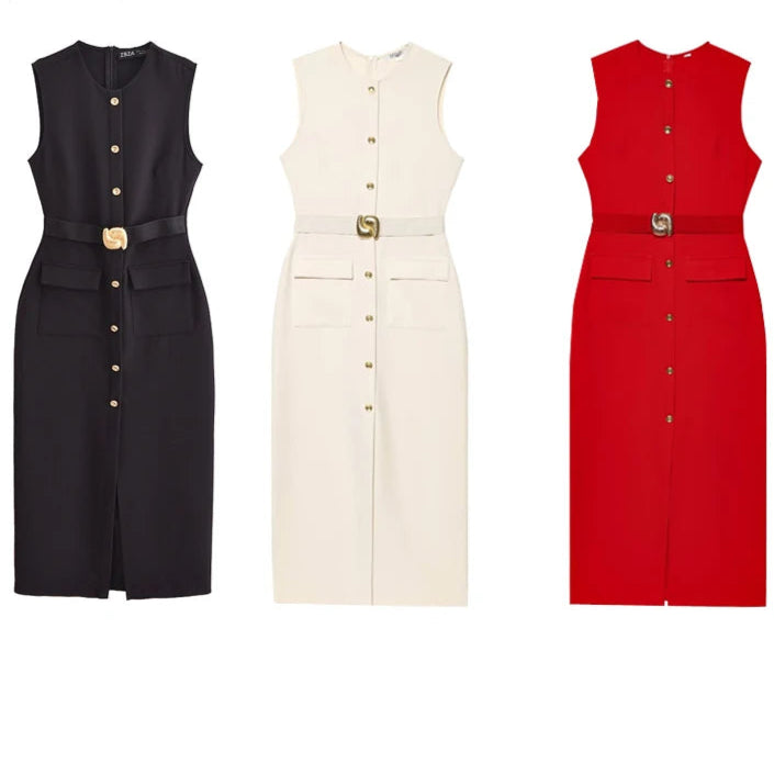 Robe Femme Élégante Sans Manches, Boutonnée avec Ceinture