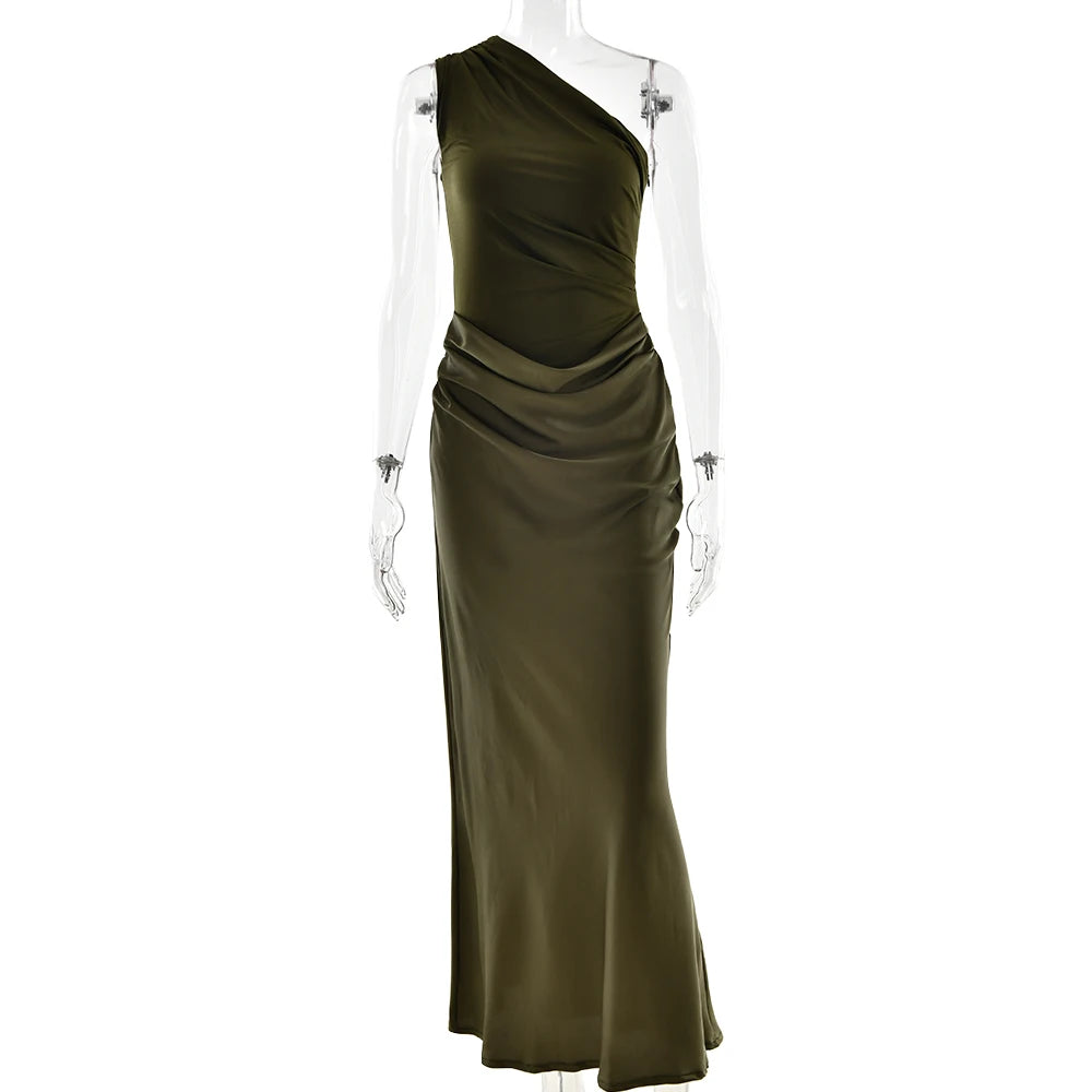 JULISSA MO Patchwork Satin Sexy One Shoulder Women Maxi Dress Brown Sleeveless Evening Dress Summer Slim Elegant Party Clubwear