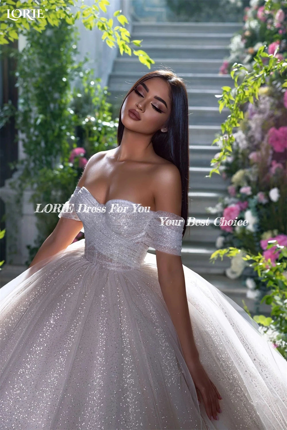 Puffy wedding dress in off-the-shoulder sequined tulle